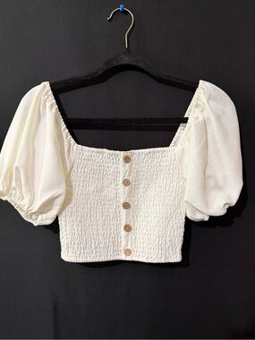 Love Tree Cream Smocked Puff-Sleeve Crop Top